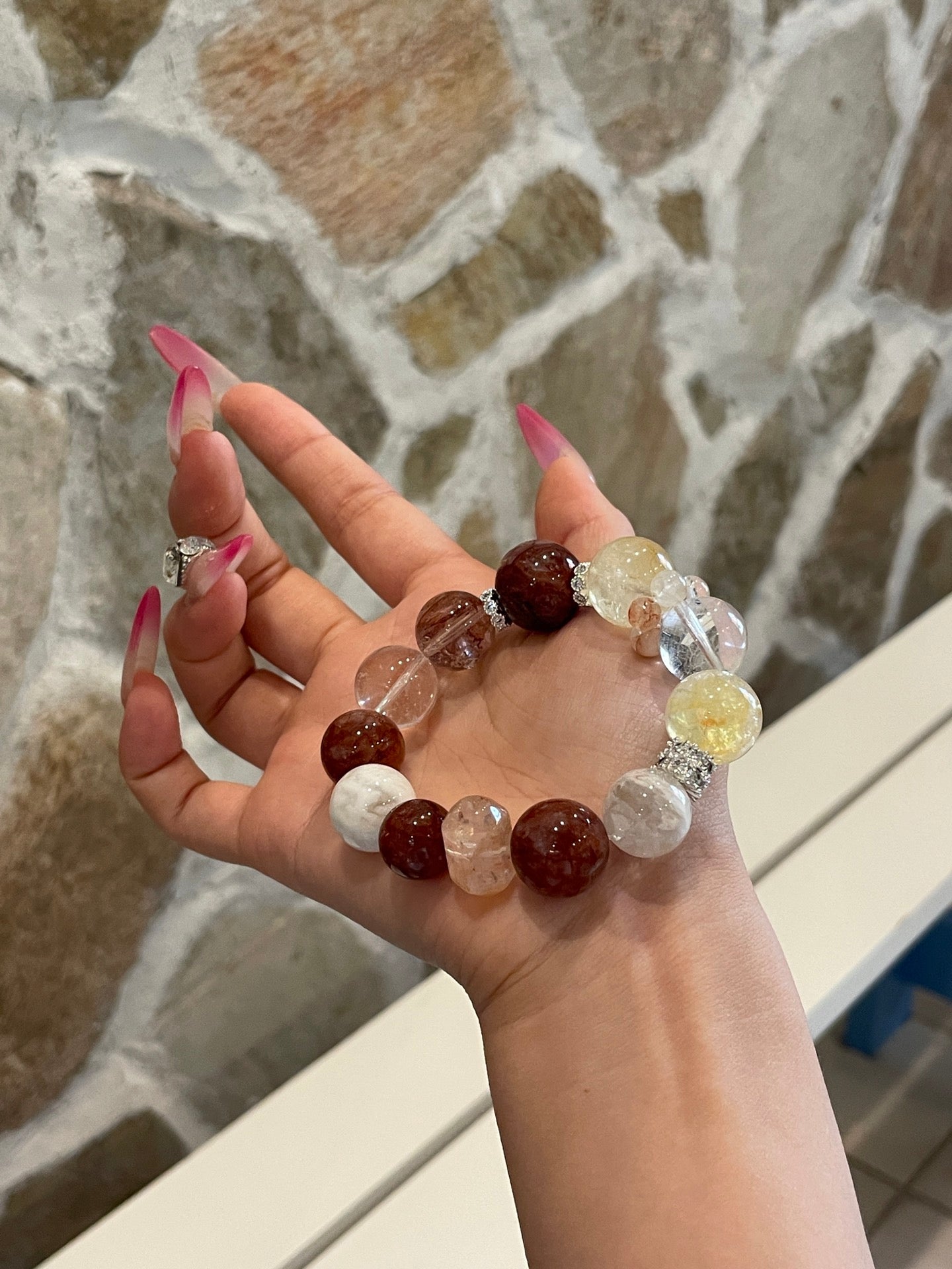 Sunset Glow Crystal Bracelet | Red & Yellow Agate Flower, Clear Quartz & Snow Phantom | 13–16mm