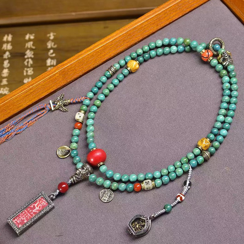 Tibetan Akshobhya Vajra Gau Box Pendant Necklace – Thangka Style with Glass, Copper & Turquoise