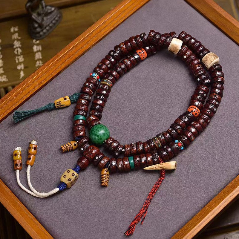 108 Natural Aged Bodhi Seeds Mala – Tibetan Necklace with Glass Beads & Recycled Bone Charms