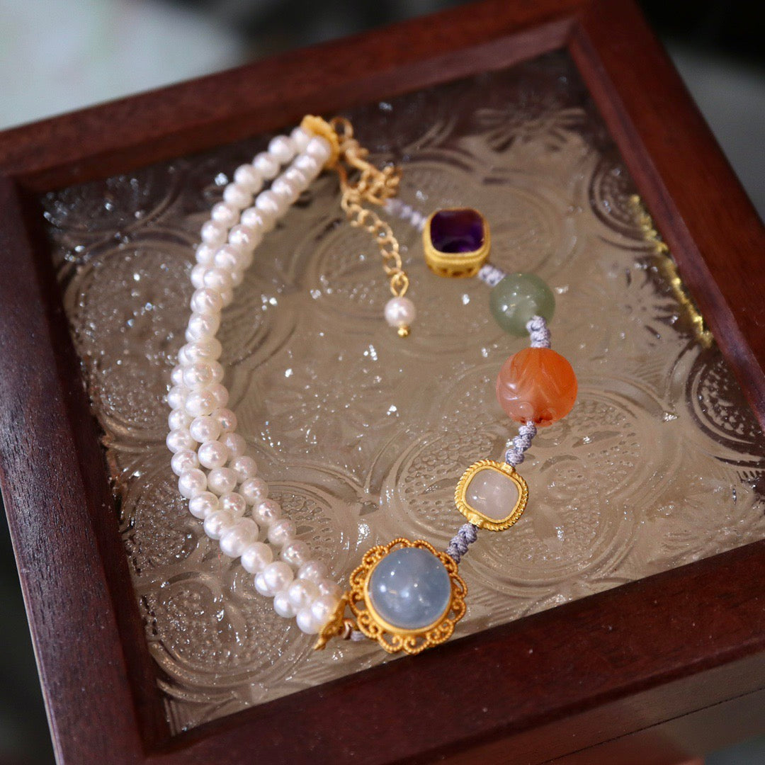 Multi-Gemstone Braided Bracelet | Freshwater Pearl, Aquamarine & Hetian Jade