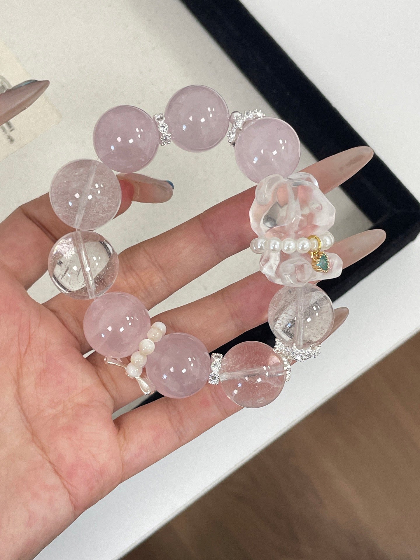 Sweetheart Bear Pendant | Rose Quartz & White Phantom Crystal | 17mm