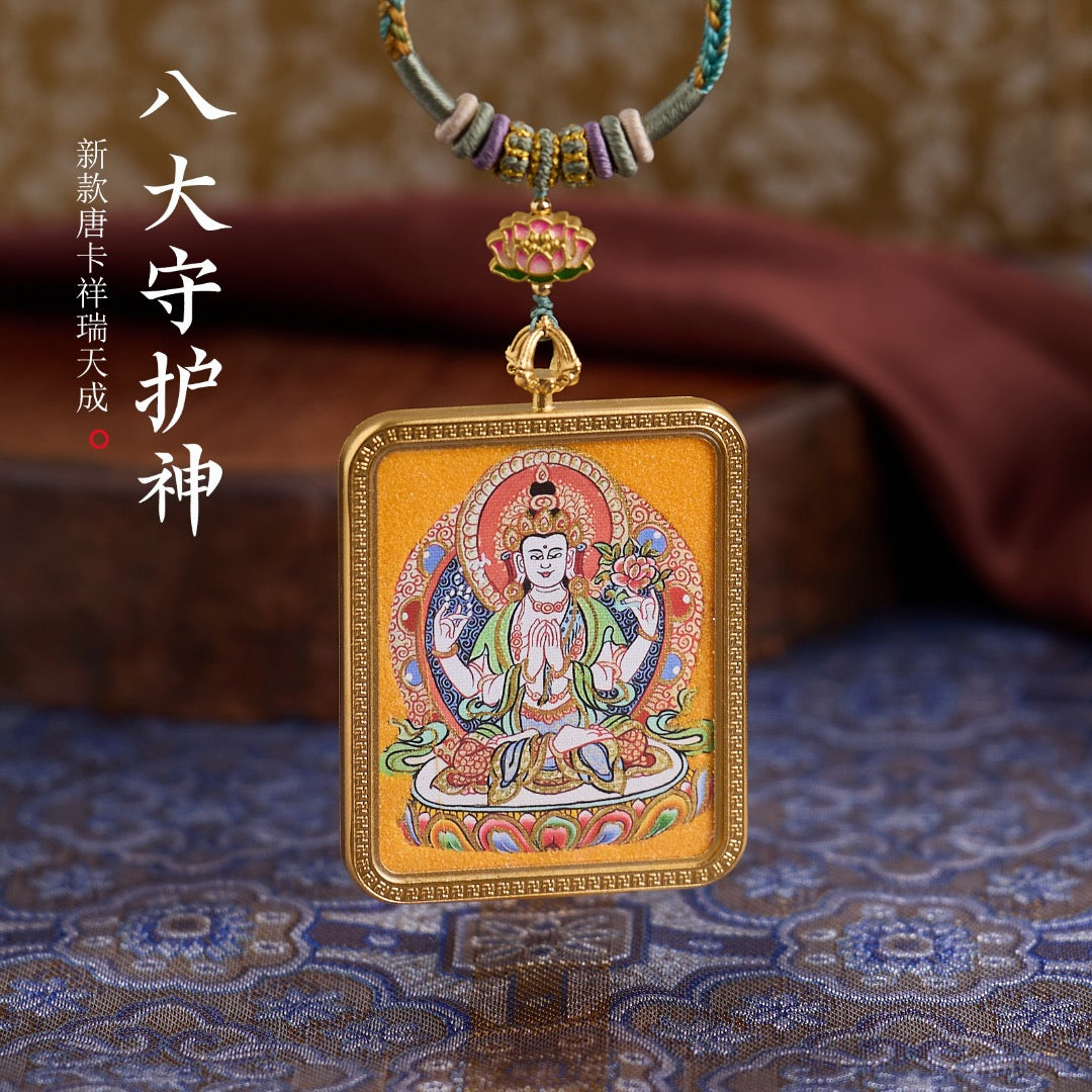 Titanium Frame Gemstone & Mineral Gold-Painted Thangka Necklace with Enamel Lotus (4x5mm, Handmade Cord)