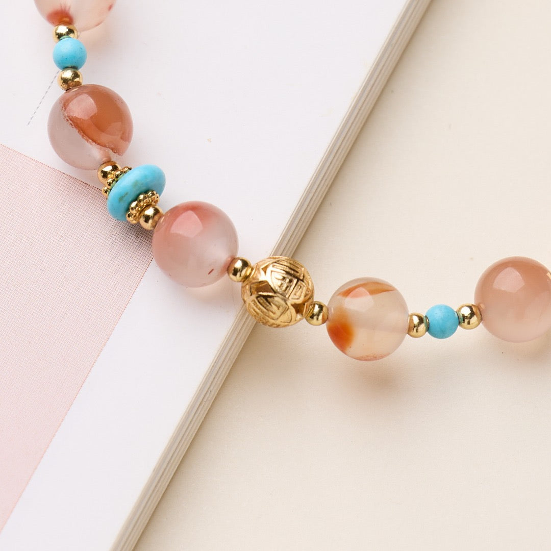 8mm Ice-Floating South Red Agate + Turquoise + Gold-Plated Copper Blessing Bead Bracelet