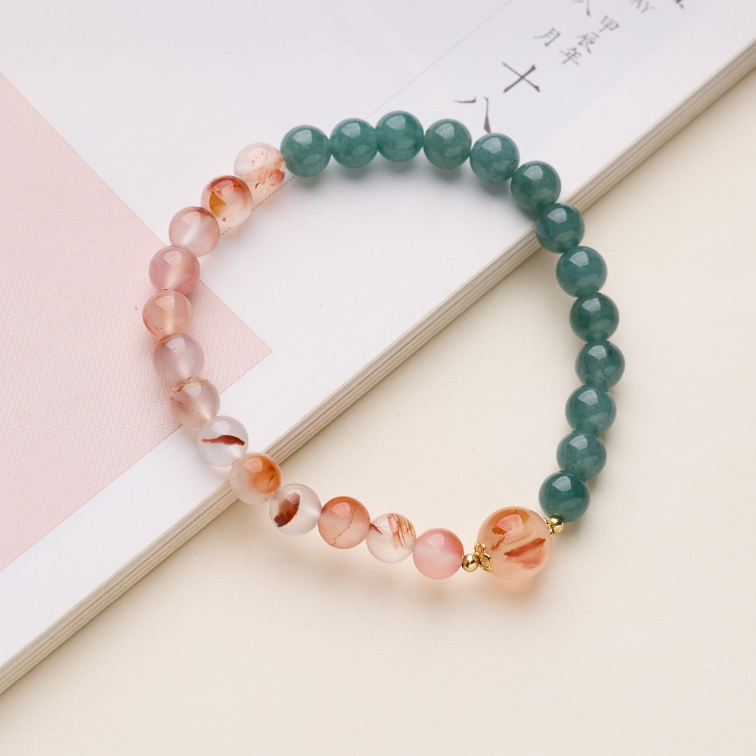 7mm Ice-Floating South Red Agate + Blue Water Jadeite Bracelet