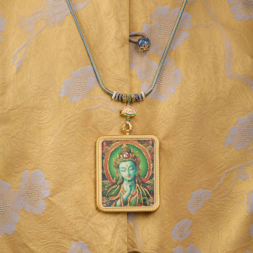 Titanium Frame Gemstone & Mineral Gold-Painted Thangka Necklace with Enamel Lotus (4x5mm, Handmade Cord)