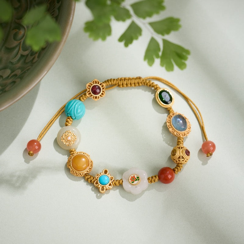 Multi-Gemstone Braided Bracelet | Carnelian, Amber & Turquoise Lotus