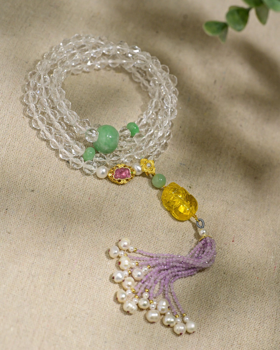 Natural White Crystal 108 Beads Necklace & Bracelet | 8mm Faceted Crystals with Jade Apple Bead, Amber Pixiu & Tassel
