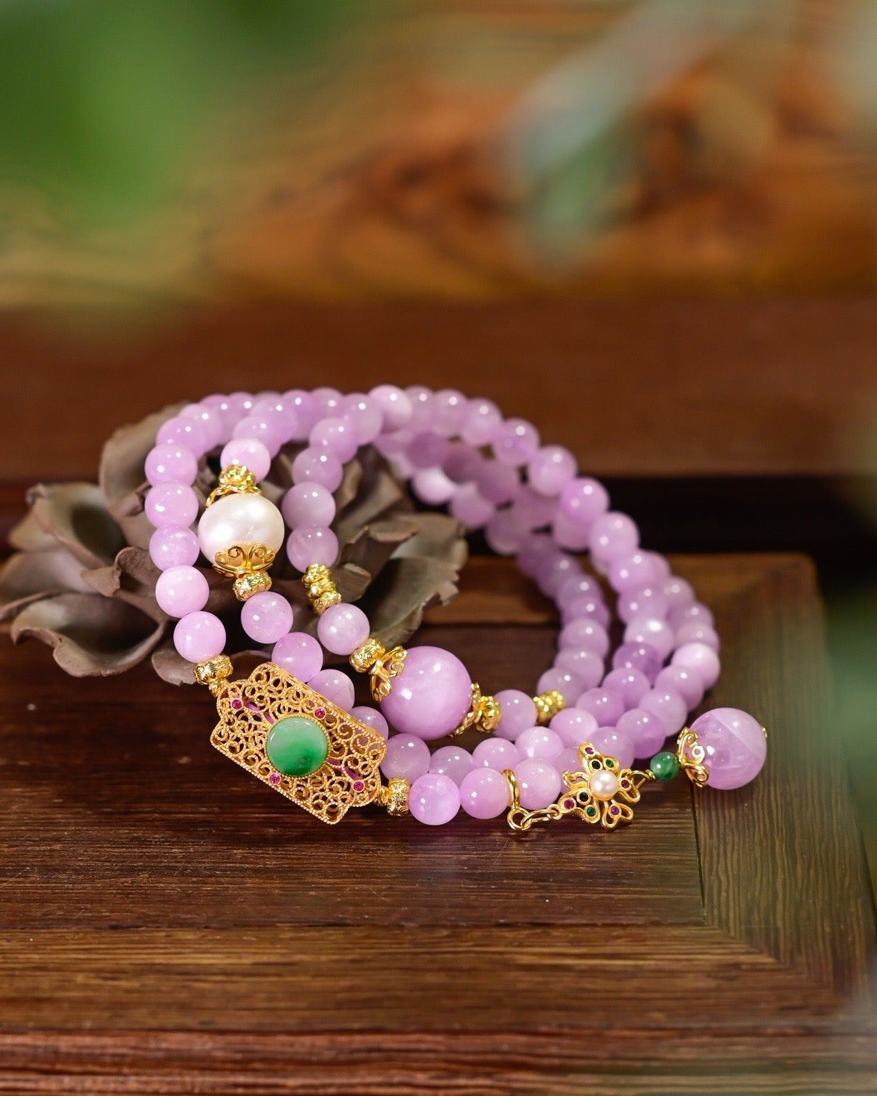 6.3mm Lepidolite 3-Layer Bracelet | Freshwater Pearl with 925 Silver Gold-Plated Jade Pendant