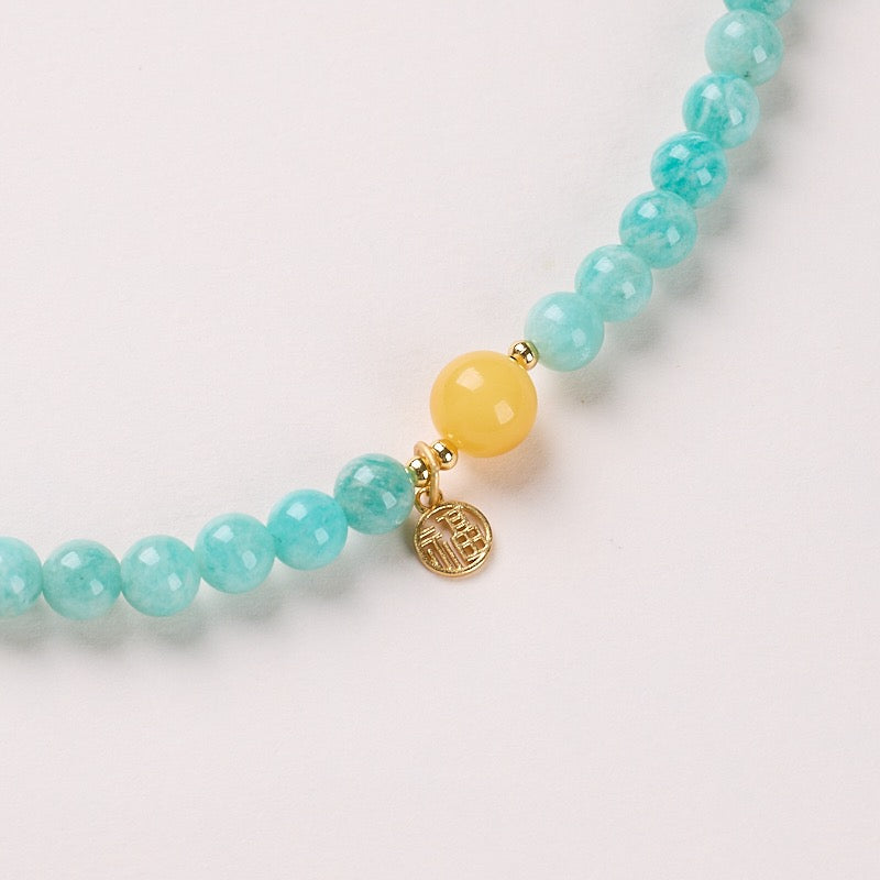 6mm Aquamarine & Natural Amber Double-Layer Bracelet | Hollow Fu Charm