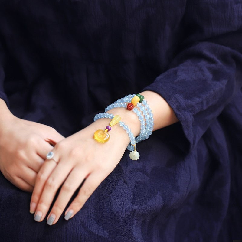 Aquamarine 108 Beads Mala Beads Bracelet Necklace | Ice-Clear Gemstone Jewelry Gift