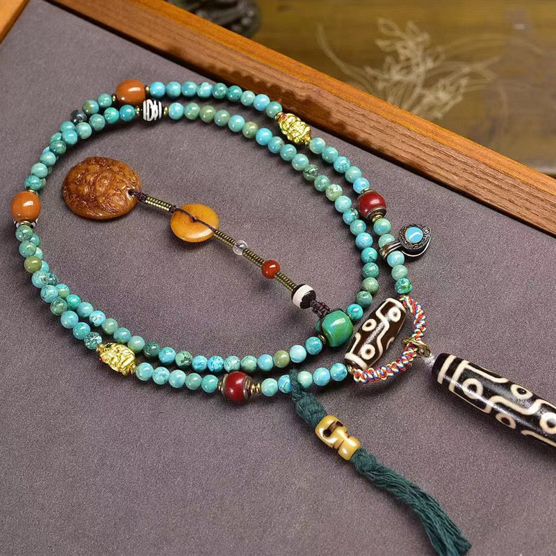 Nine-Eye Dzi Pendant Necklace – Natural Agate Tibetan Prayer Beads with Wealth Dzi, Bone & Turquoise