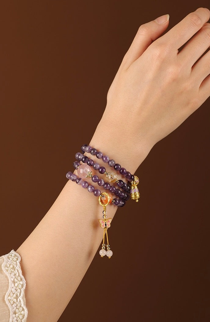 Amethyst Multi-Layer Necklace & Bracelet | Vintage Butterfly Pendant, Versatile Women’s Luxury Jewelry