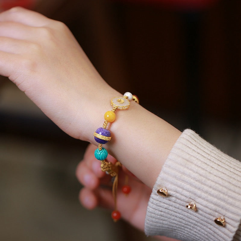 Luxury Multi-Gemstone Woven Bracelet | Jade, Amber, Pearl & Opal with 925 Silver Charms – Perfect Gift