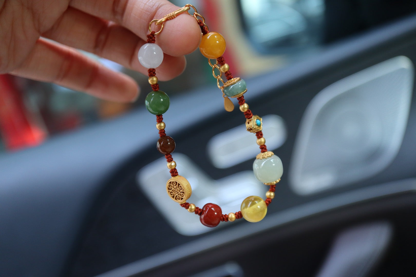 Hetian Jade Multi-Gemstone Bracelet | Perfect Ten Woven Design with Amber, Agate & 925 Gold-Plated Charms