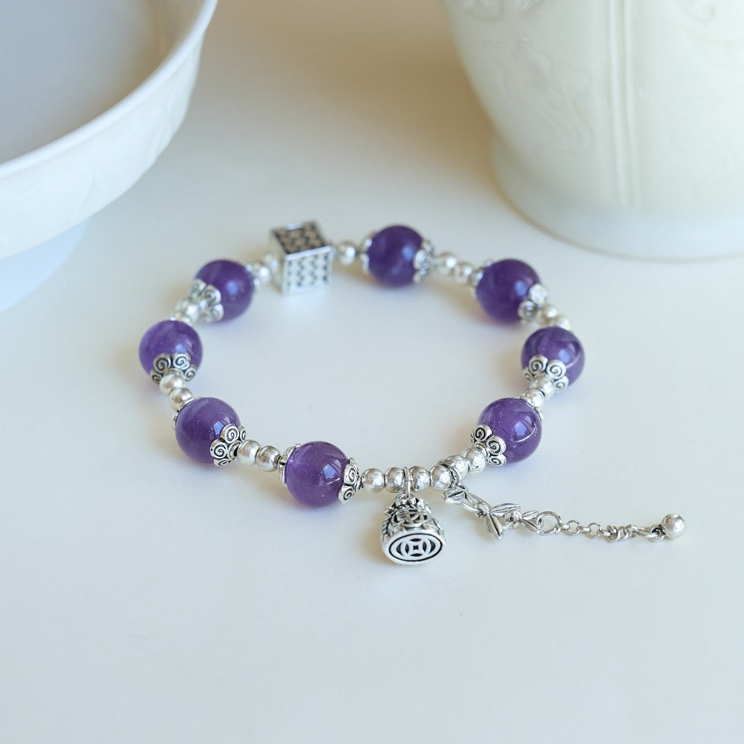 10mm Amethyst Silver-Tone Lucky Bag Bracelet | Leaf & Bell Charm