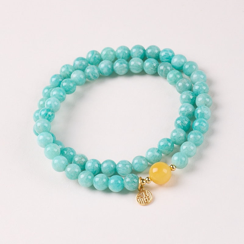 6mm Aquamarine & Natural Amber Double-Layer Bracelet | Hollow Fu Charm