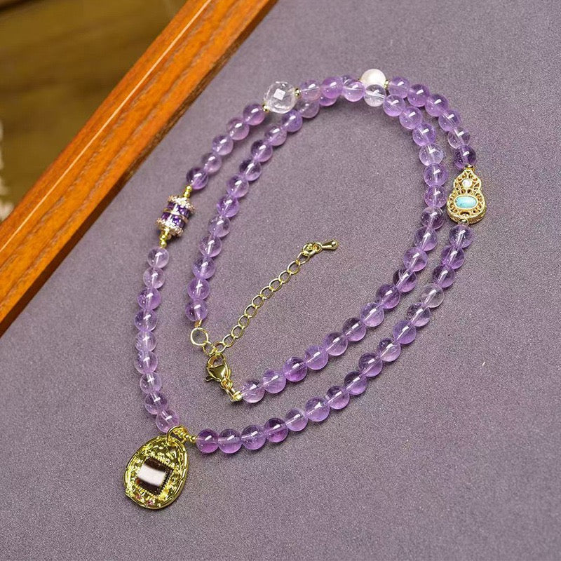Natural 5.5mm Amethyst 108 Beads Necklace with Pixiu, Clear Quartz, Dzi & Turquoise