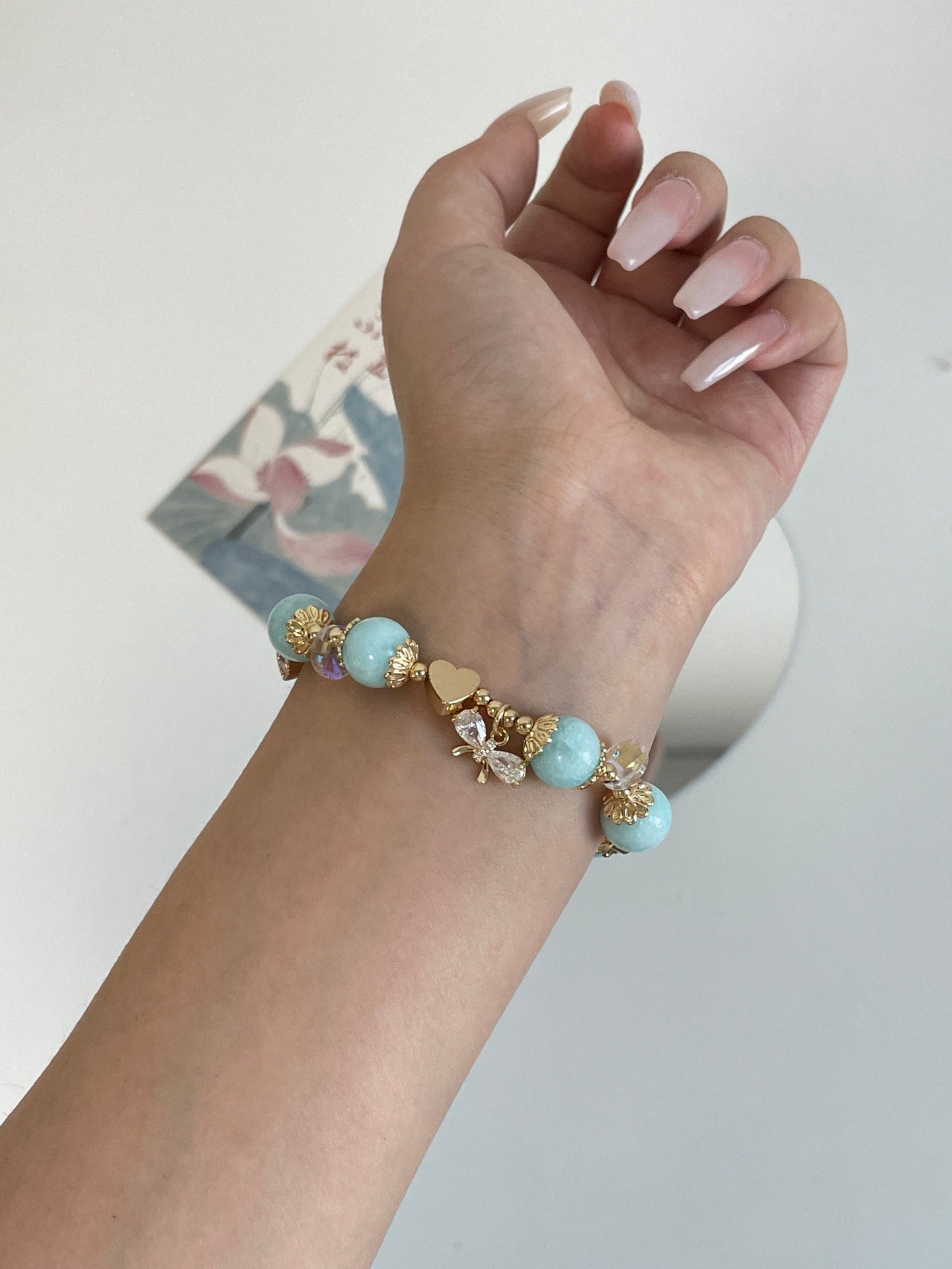 Aquamarine Chalcedony Bracelet | 10mm Beads with Zircon & 14K Gold Plated Copper