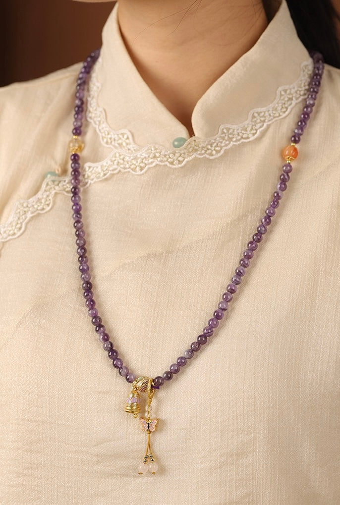 Amethyst Multi-Layer Necklace & Bracelet | Vintage Butterfly Pendant, Versatile Women’s Luxury Jewelry