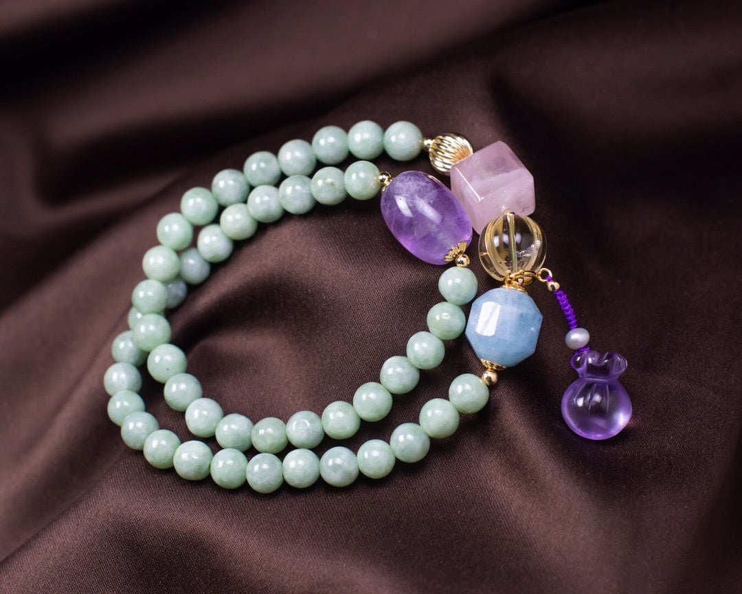 Multi-Gemstone & Jade Double-Layer Bracelet | Rose Quartz, Aquamarine, Citrine & Amethyst with Lucky Charm