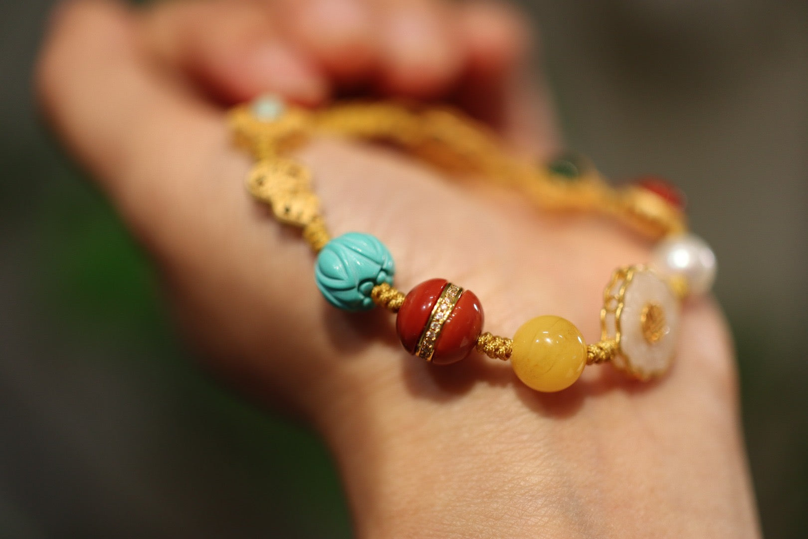 Multi-Gemstone Bracelet | Red Agate, Jade, Pearl & Amber with 925 Gold-Plated Charms