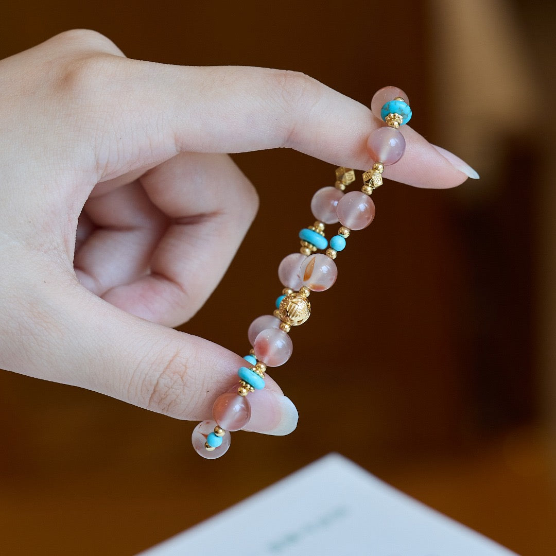 8mm Ice-Floating South Red Agate + Turquoise + Gold-Plated Copper Blessing Bead Bracelet