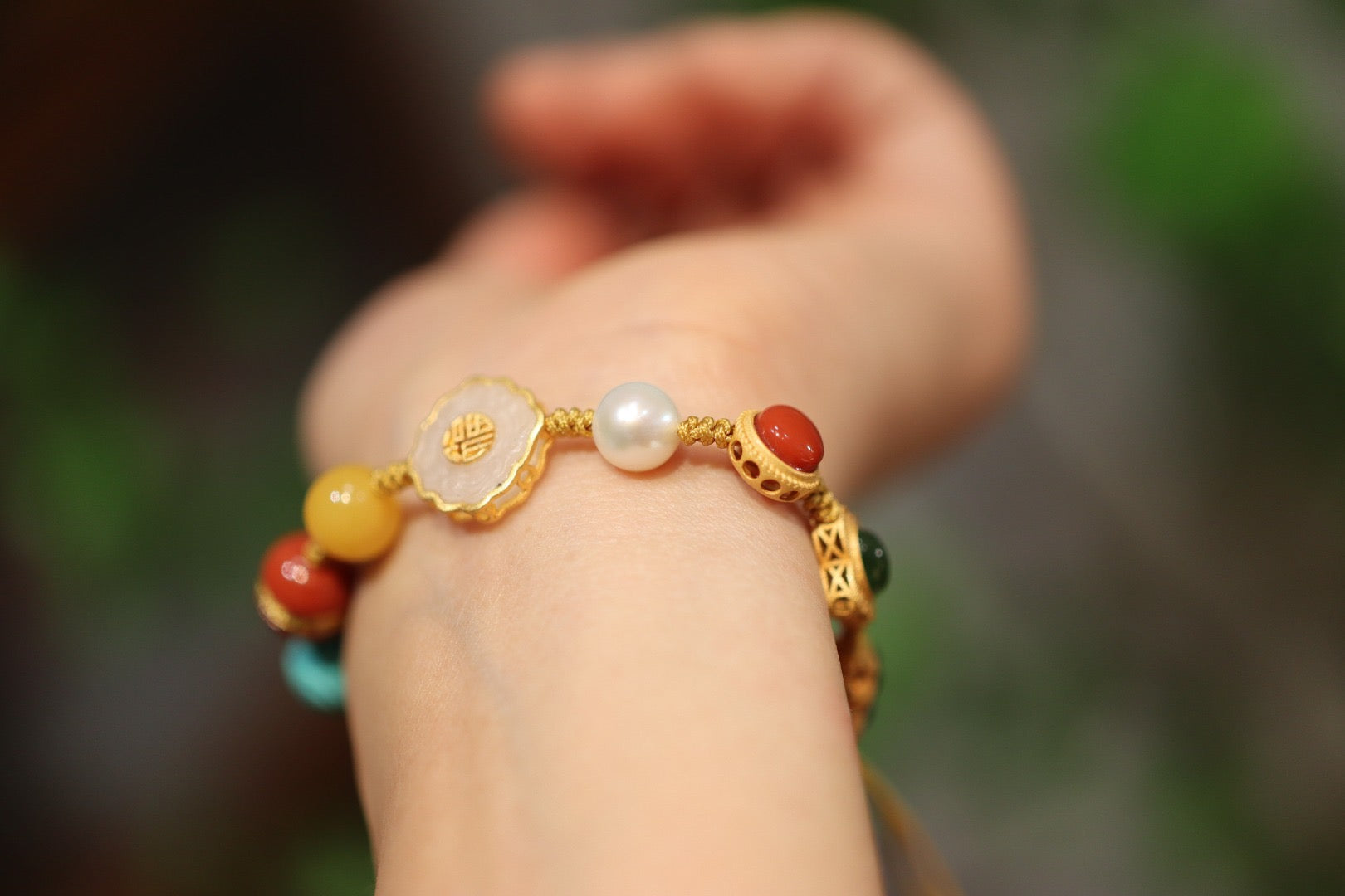 Multi-Gemstone Bracelet | Red Agate, Jade, Pearl & Amber with 925 Gold-Plated Charms