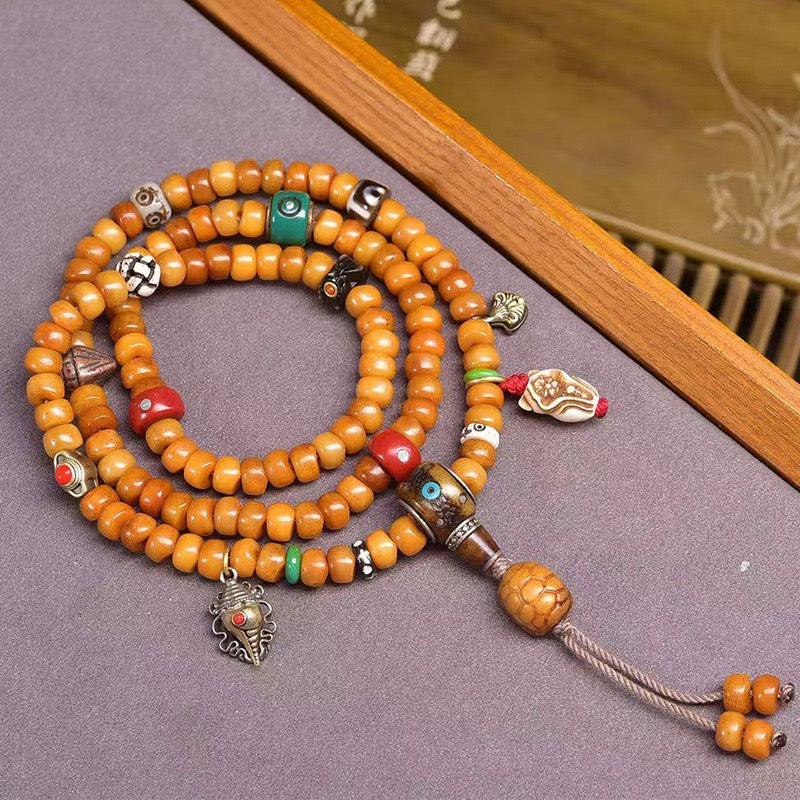 108 Tibetan Recycled Bone Mala Beads – Vintage Barrel Prayer Necklace with Tsa-Tsa & Gau Box Pendant