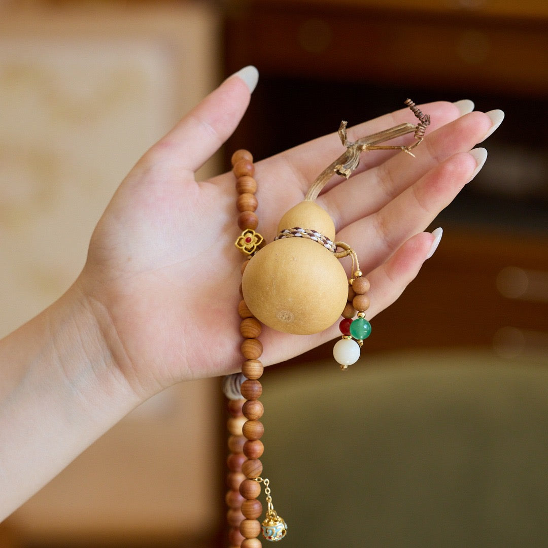 Sandalwood Phone Chain with Gourd, Lotus & Tassel | Lucky Fu Lu Shou Design (8mm Beads)