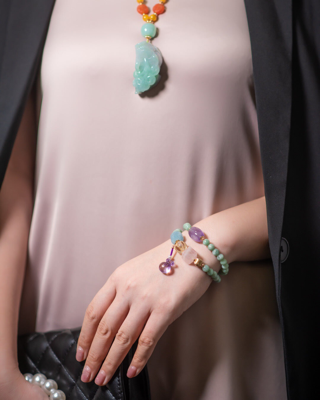 Multi-Gemstone & Jade Double-Layer Bracelet | Rose Quartz, Aquamarine, Citrine & Amethyst with Lucky Charm