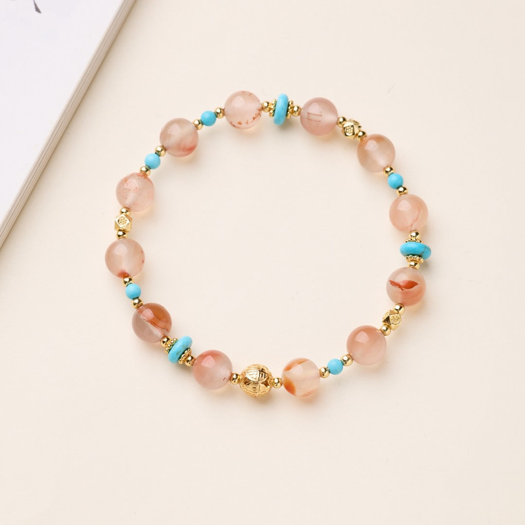 8mm Ice-Floating South Red Agate + Turquoise + Gold-Plated Copper Blessing Bead Bracelet