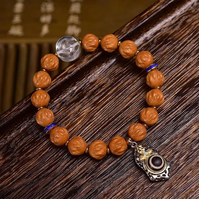 Natural Bodhi Seed Bracelet | Carved Monkey Head Prayer Beads with Silver Inlay, Agate & Clear Quartz Accent