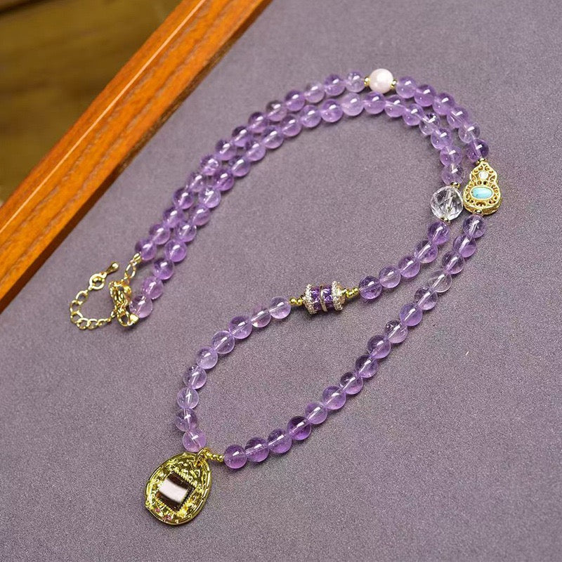 Natural 5.5mm Amethyst 108 Beads Necklace with Pixiu, Clear Quartz, Dzi & Turquoise