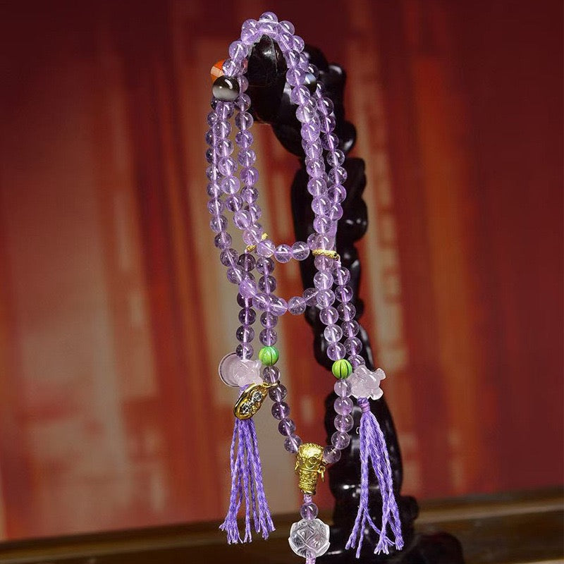 108-Bead Amethyst Tibetan Multi-Layer Bracelet | White Crystal & Turquoise Accents