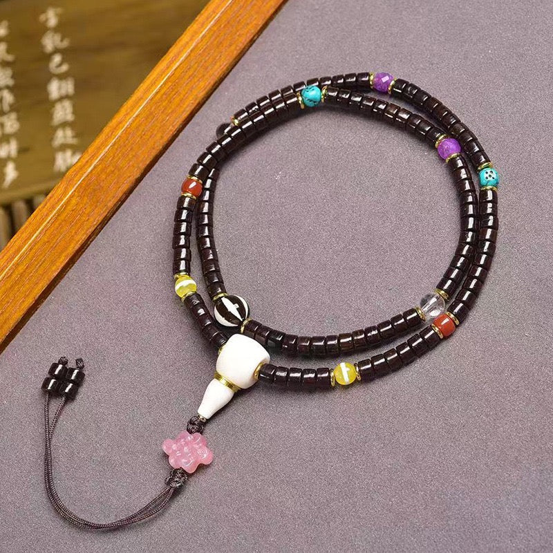 Natural Coconut Barrel Beads Mala – Multi-Layer Bracelet & Necklace with Agarwood, Turquoise & Agate