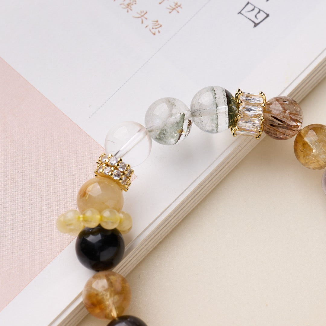Chakra Energy Bracelet | Black Gold Super Seven & Multi-Crystal Beads with Rutilated Quartz