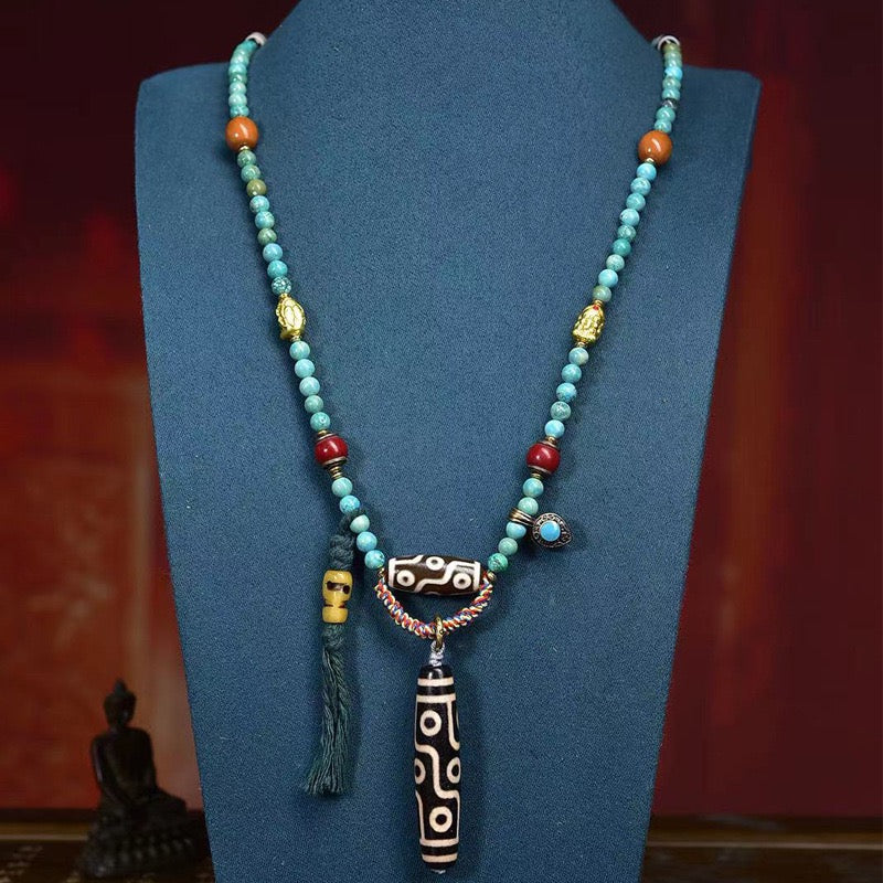 Nine-Eye Dzi Pendant Necklace – Natural Agate Tibetan Prayer Beads with Wealth Dzi, Bone & Turquoise