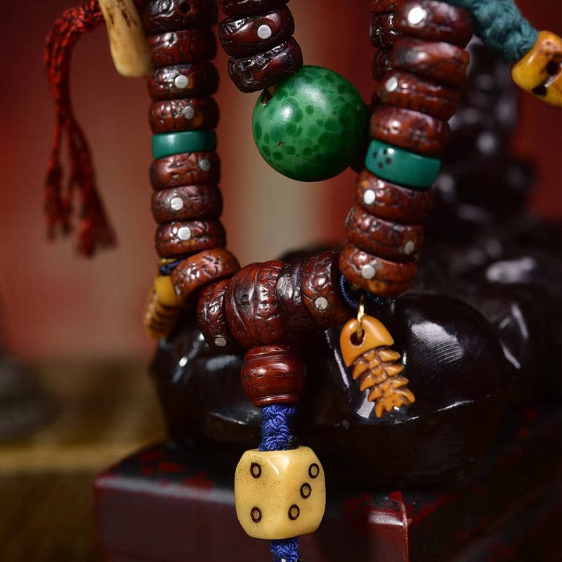 108 Natural Aged Bodhi Seeds Mala – Tibetan Necklace with Glass Beads & Recycled Bone Charms