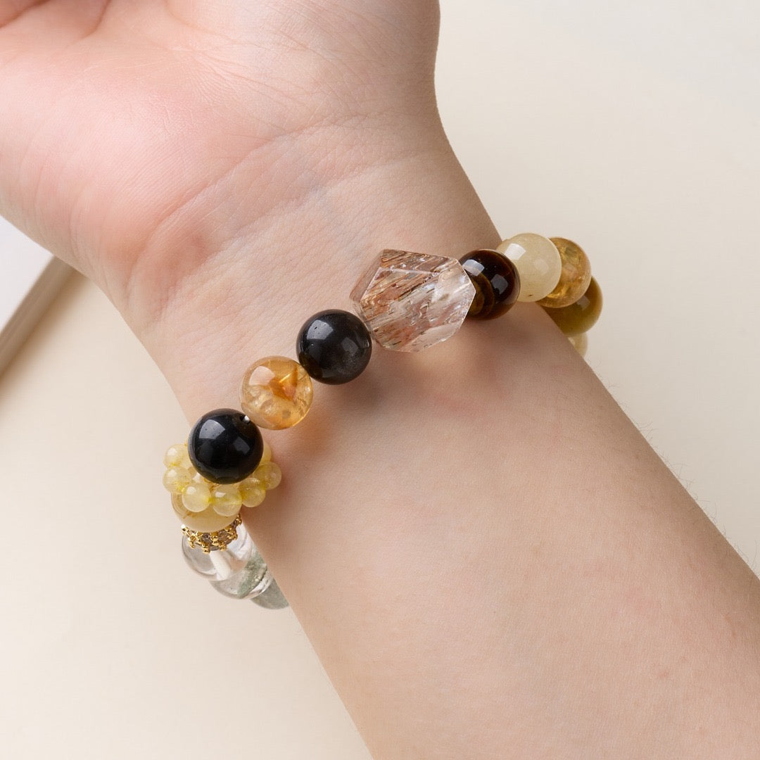 Chakra Energy Bracelet | Black Gold Super Seven & Multi-Crystal Beads with Rutilated Quartz