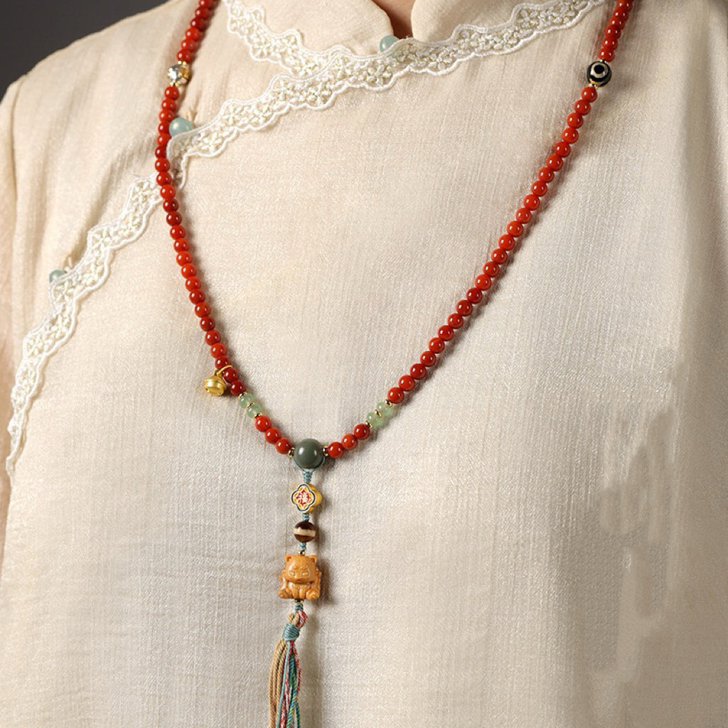 Red Agate 6mm Bracelet /Necklace| Bodhi & Dzi Spacer Beads, Ethnic Buddhist Mala Jewelry for Zodiac Year