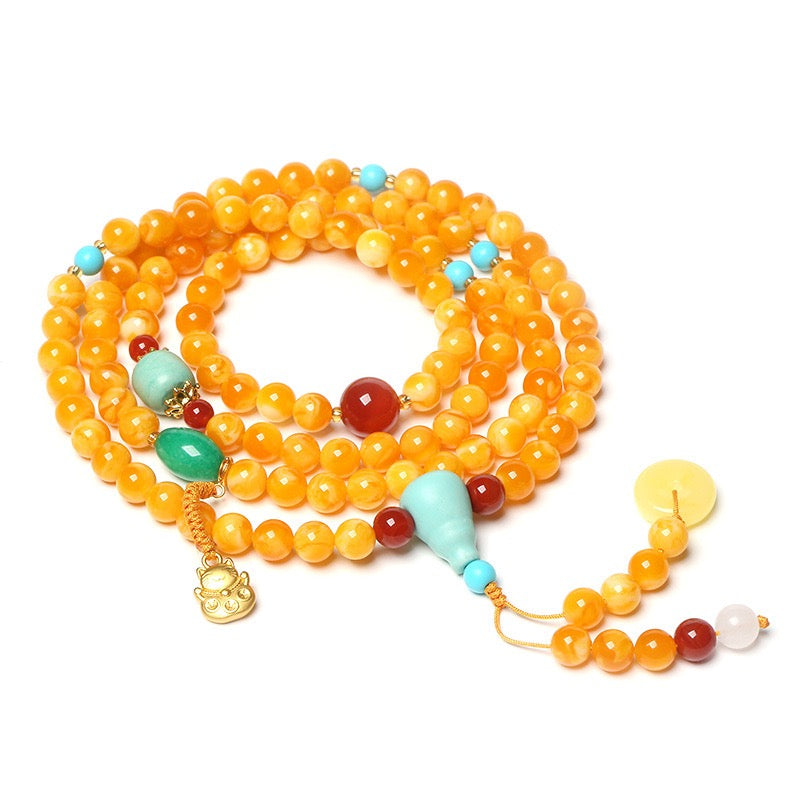 Natural Baltic Amber Beeswax 108 Beads Bracelet & Necklace | Multi-Layer Raw Old Wax Mala Prayer Beads Jewelry
