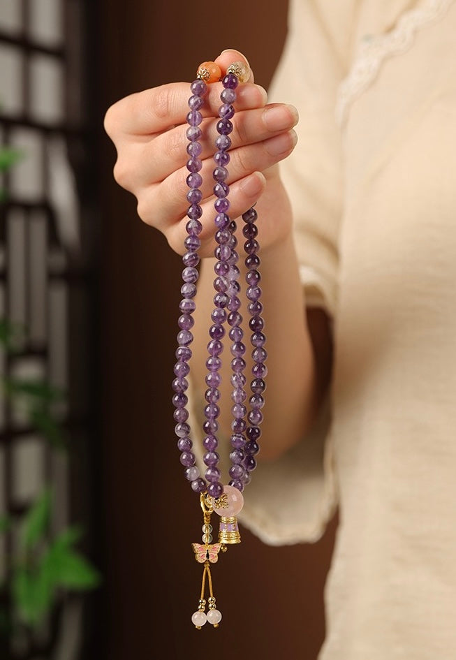 Amethyst Multi-Layer Necklace & Bracelet | Vintage Butterfly Pendant, Versatile Women’s Luxury Jewelry