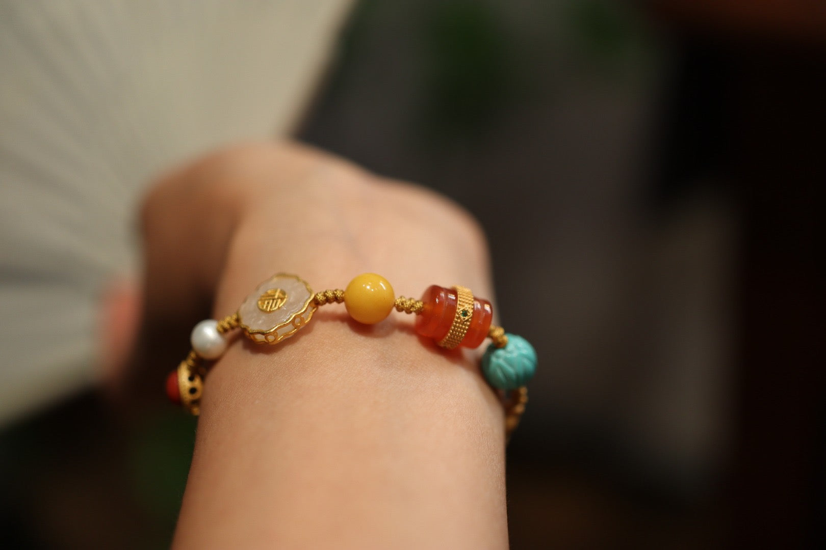 Multi-Gemstone Woven Bracelet | Baoshan Ice Red Agate, Jade, Pearl & Amber with 925 Silver Charms