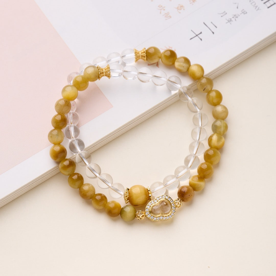 6mm White Crystal & Tiger Eye Double-Layer Bracelet | Gourd or Faceted Citrine Design