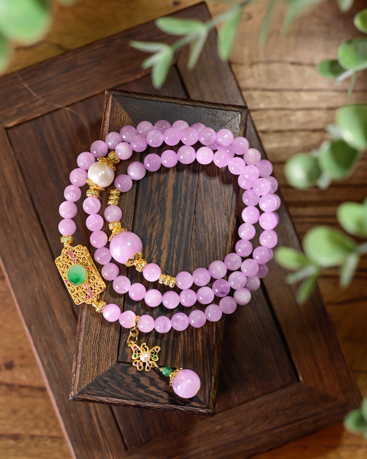 6.3mm Lepidolite 3-Layer Bracelet | Freshwater Pearl with 925 Silver Gold-Plated Jade Pendant