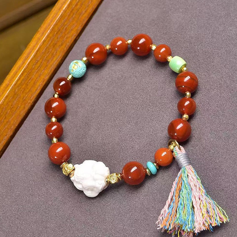 Agate Red 10mm Bead Bracelet – Single Strand with Rose Quartz & Turquoise Accents