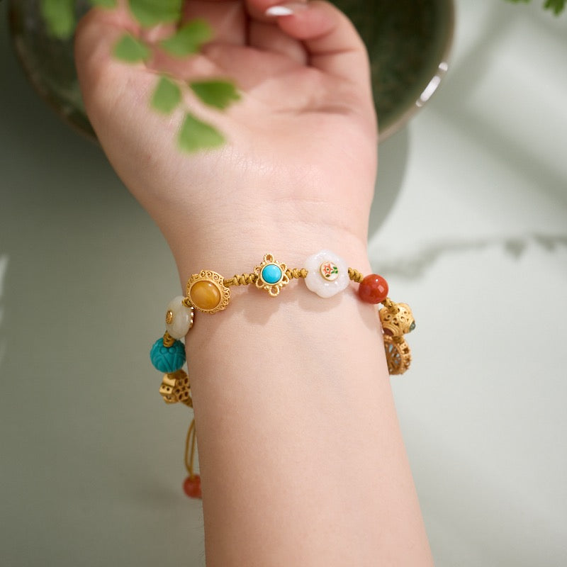 Multi-Gemstone Braided Bracelet | Carnelian, Amber & Turquoise Lotus