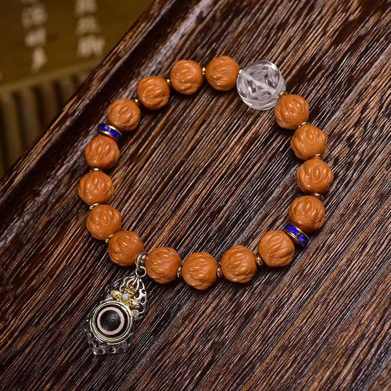 Natural Bodhi Seed Bracelet | Carved Monkey Head Prayer Beads with Silver Inlay, Agate & Clear Quartz Accent