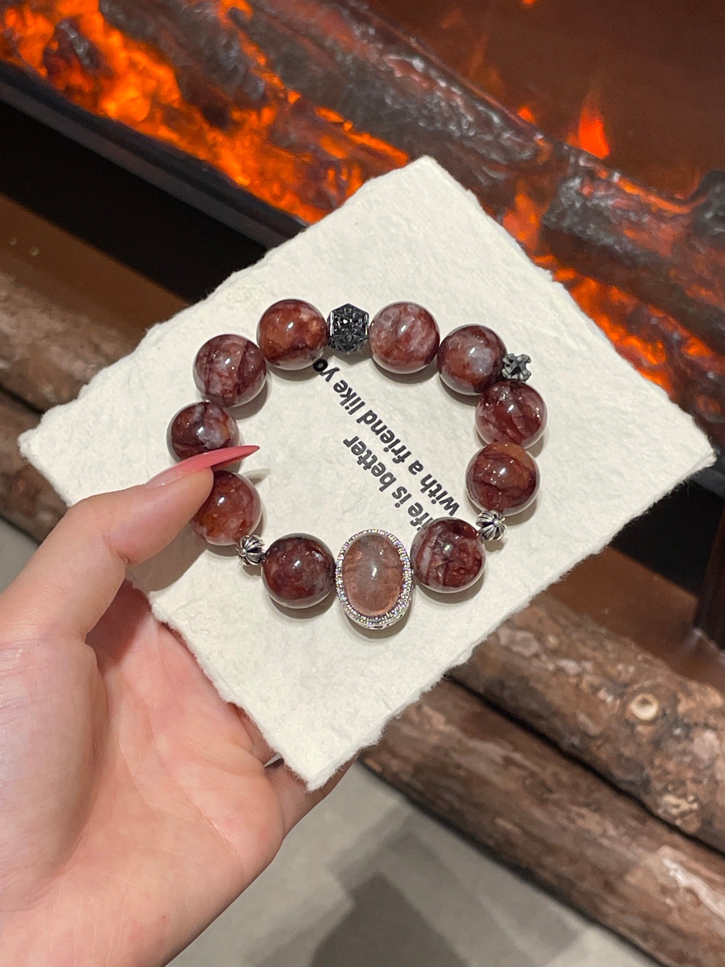 “Rosewood Fortune” Bracelet | Phantom Magic Box & Red Resin Flower 15–16mm