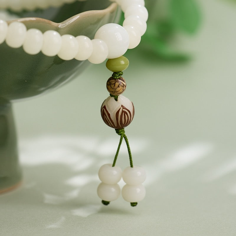 Buddha White Jade Bodhi Lotus Mala Harmony Necklace Bracelet